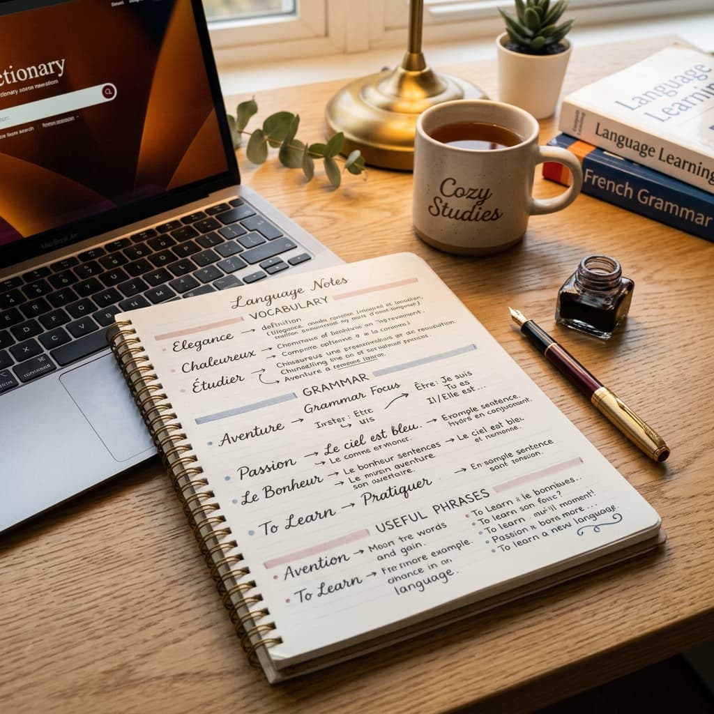 Notatki i laptop podczas nauki języka